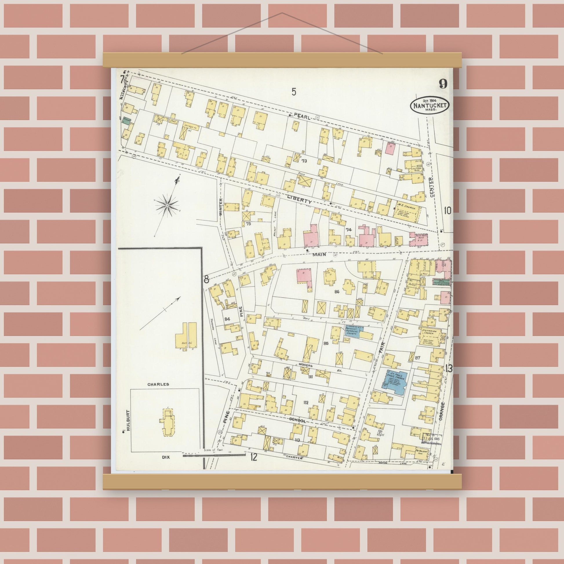 Old map wall art mockup — magnetic wood frame on brick wall — Sanborn Fire Insurance Map from Nantucket, Nantucket County, Massachusetts (1904), Sheet #0009