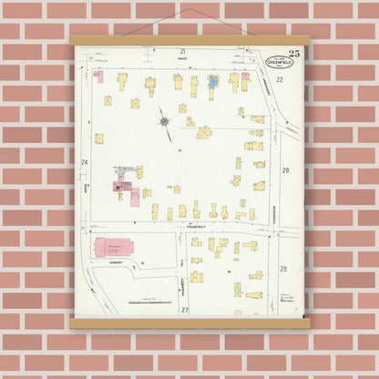 Old map wall art mockup — magnetic wood frame on brick wall — Sanborn Fire Insurance Map from Greenfield, Franklin County, Massachusetts (1909), Sheet #0025