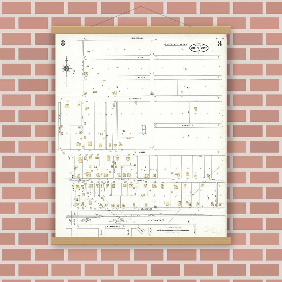 Old map wall art mockup — magnetic wood frame on brick wall — Sanborn Fire Insurance Map from Wills Point, Van Zandt County, Texas (1923), Sheet #0008