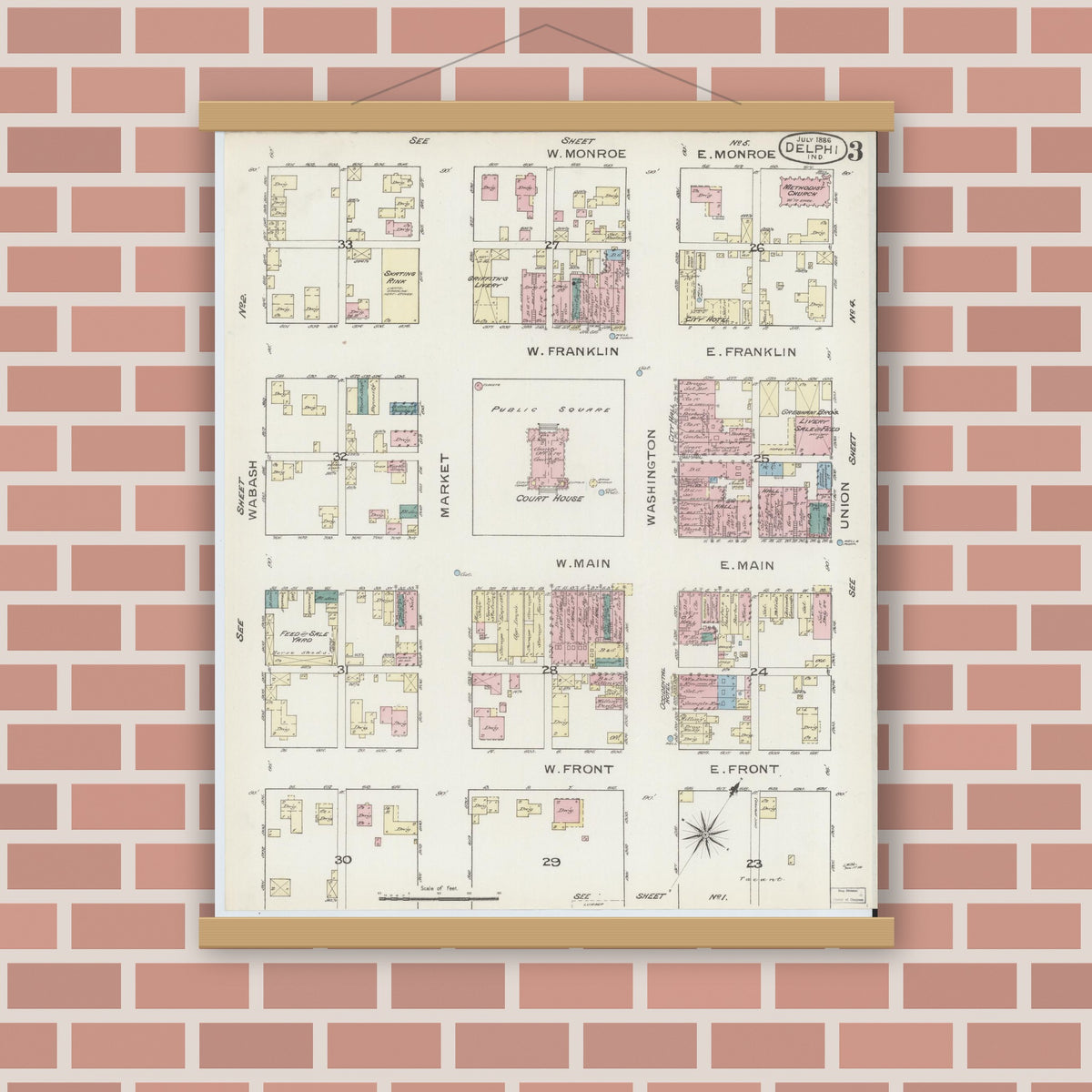 Old map wall art mockup — magnetic wood frame on brick wall — Sanborn Fire Insurance Map from Delphi, Carroll County, Indiana (1886), Sheet #0003