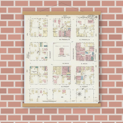 Old map wall art mockup — magnetic wood frame on brick wall — Sanborn Fire Insurance Map from Delphi, Carroll County, Indiana (1886), Sheet #0003