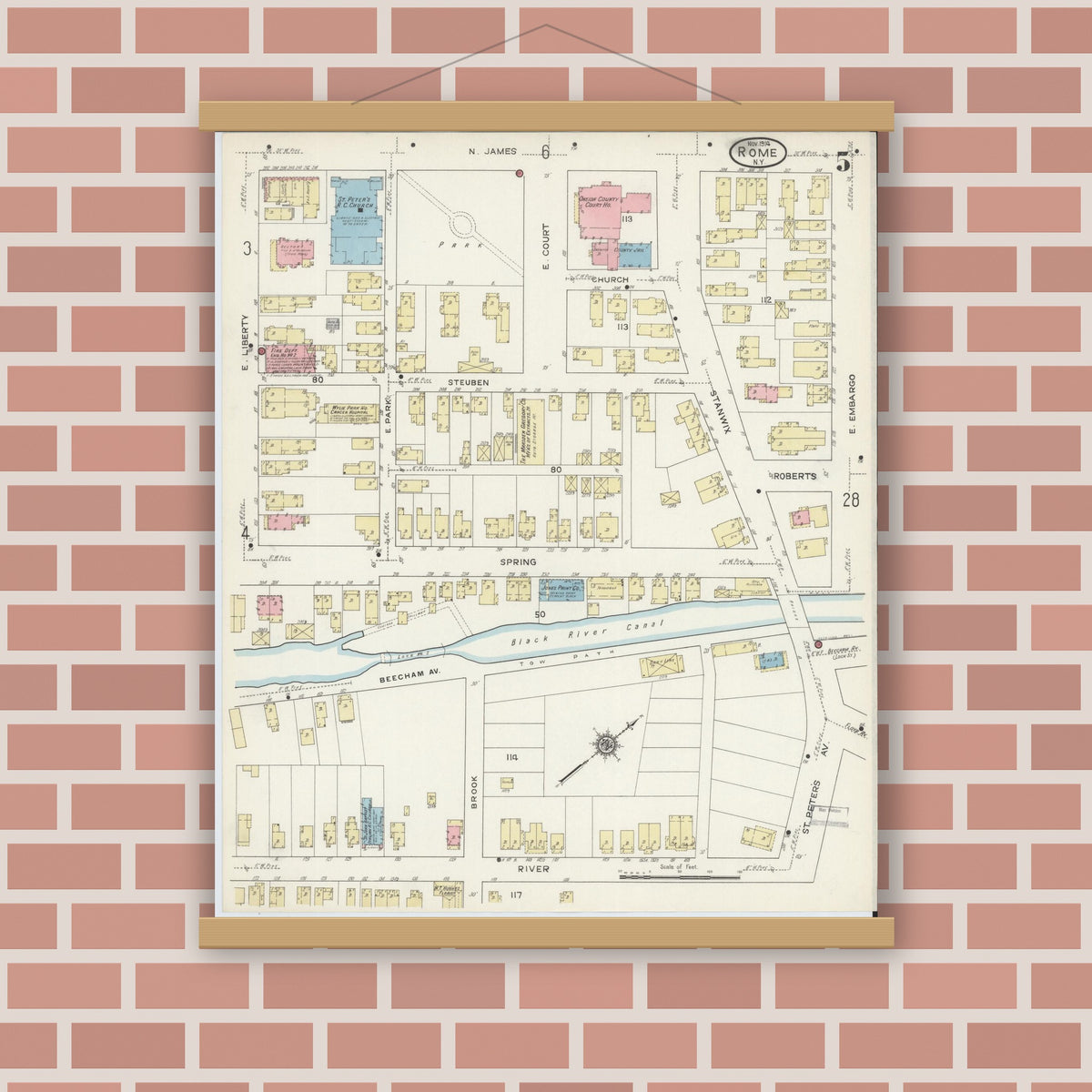 Old map wall art mockup — magnetic wood frame on brick wall — Sanborn Fire Insurance Map from Rome, Oneida County, New York (1914), Sheet #0005