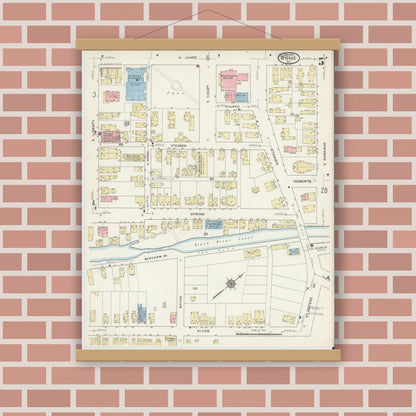 Old map wall art mockup — magnetic wood frame on brick wall — Sanborn Fire Insurance Map from Rome, Oneida County, New York (1914), Sheet #0005