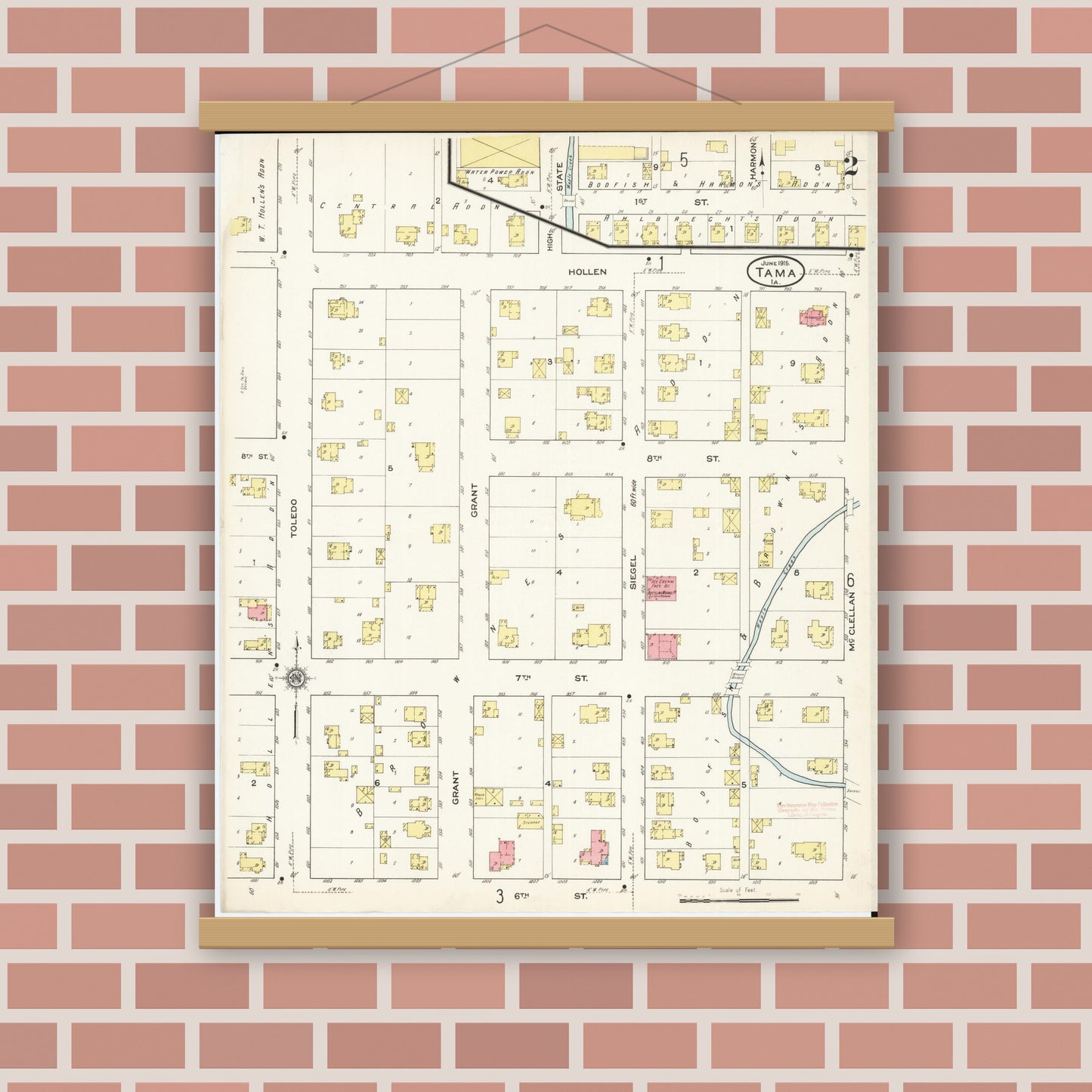 Old map wall art mockup — magnetic wood frame on brick wall — Sanborn Fire Insurance Map from Tama, Tama County, Iowa (1915), Sheet #0002