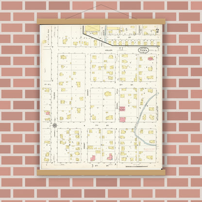 Old map wall art mockup — magnetic wood frame on brick wall — Sanborn Fire Insurance Map from Tama, Tama County, Iowa (1915), Sheet #0002