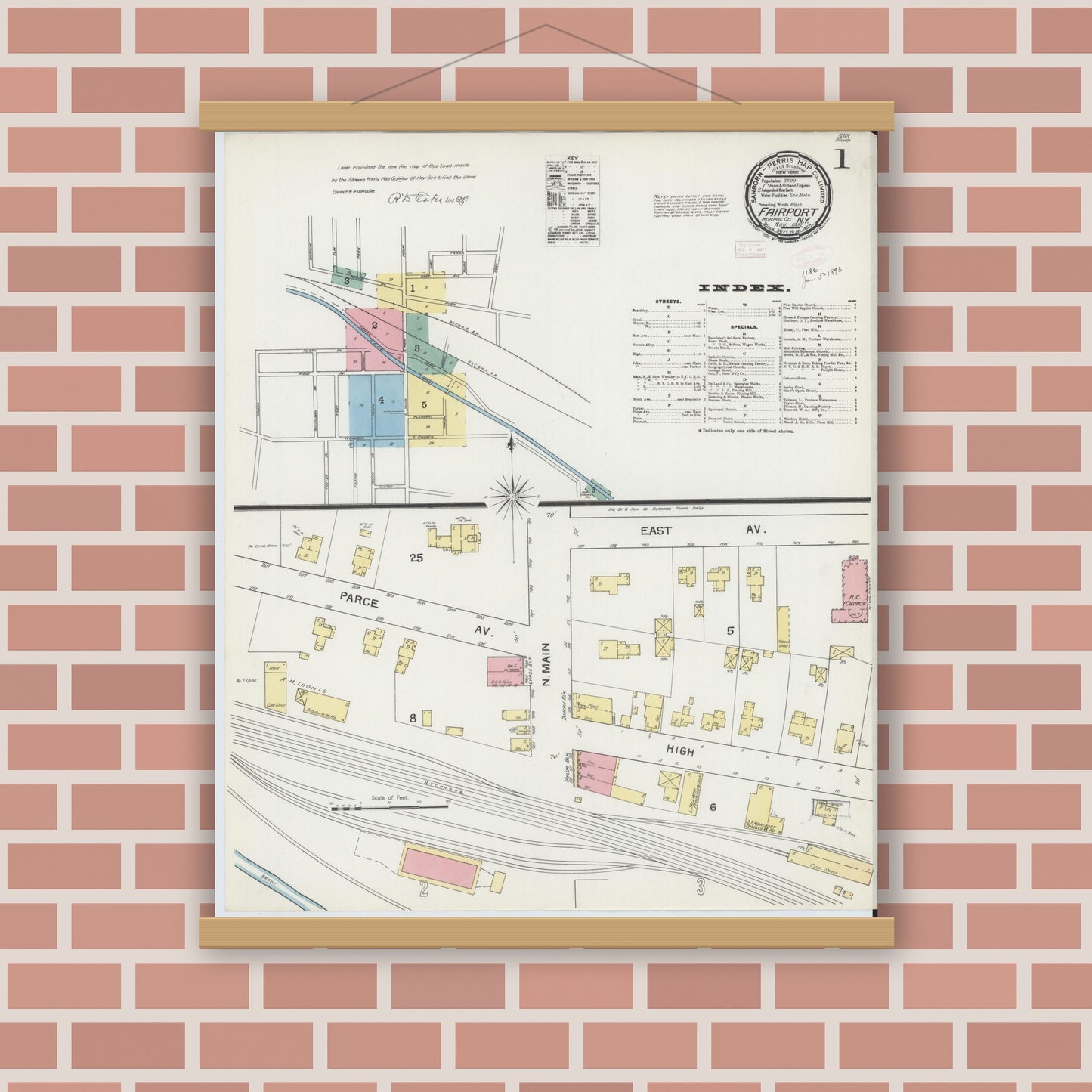 Old map wall art mockup — magnetic wood frame on brick wall — Sanborn Fire Insurance Map from Fairport, Monroe County, New York (1892) - Complete Map Set