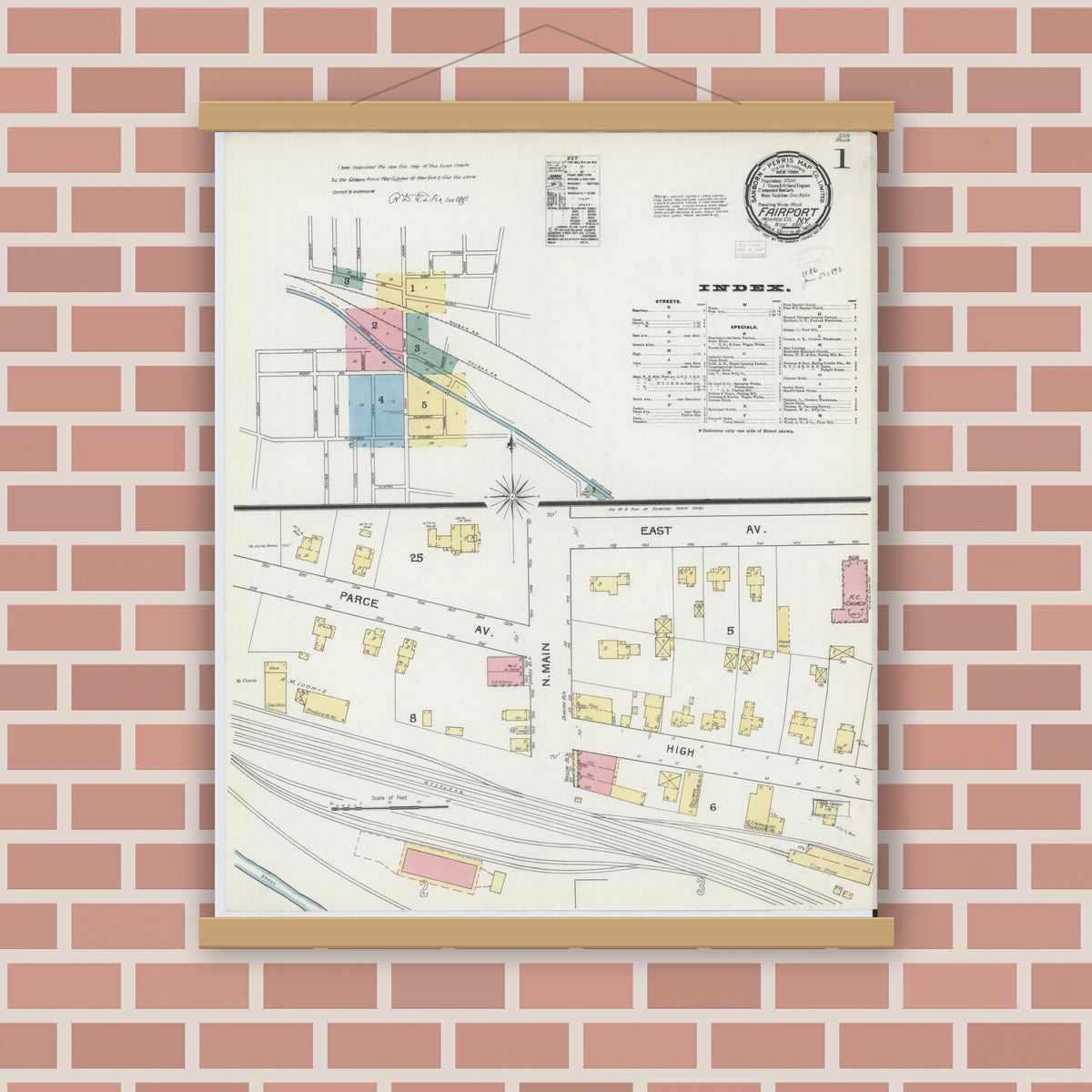 Old map wall art mockup — magnetic wood frame on brick wall — Sanborn Fire Insurance Map from Fairport, Monroe County, New York (1892) - Complete Map Set