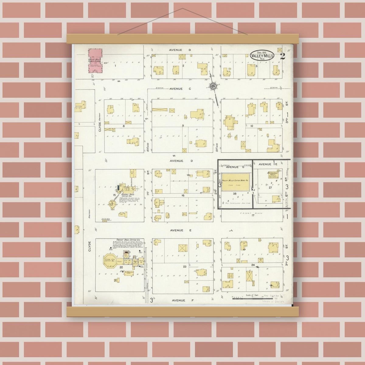 Old map wall art mockup — magnetic wood frame on brick wall — Sanborn Fire Insurance Map from Valley Mills, Bosque County, Texas (1915), Sheet #0002
