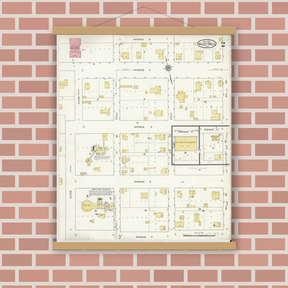 Old map wall art mockup — magnetic wood frame on brick wall — Sanborn Fire Insurance Map from Valley Mills, Bosque County, Texas (1915), Sheet #0002