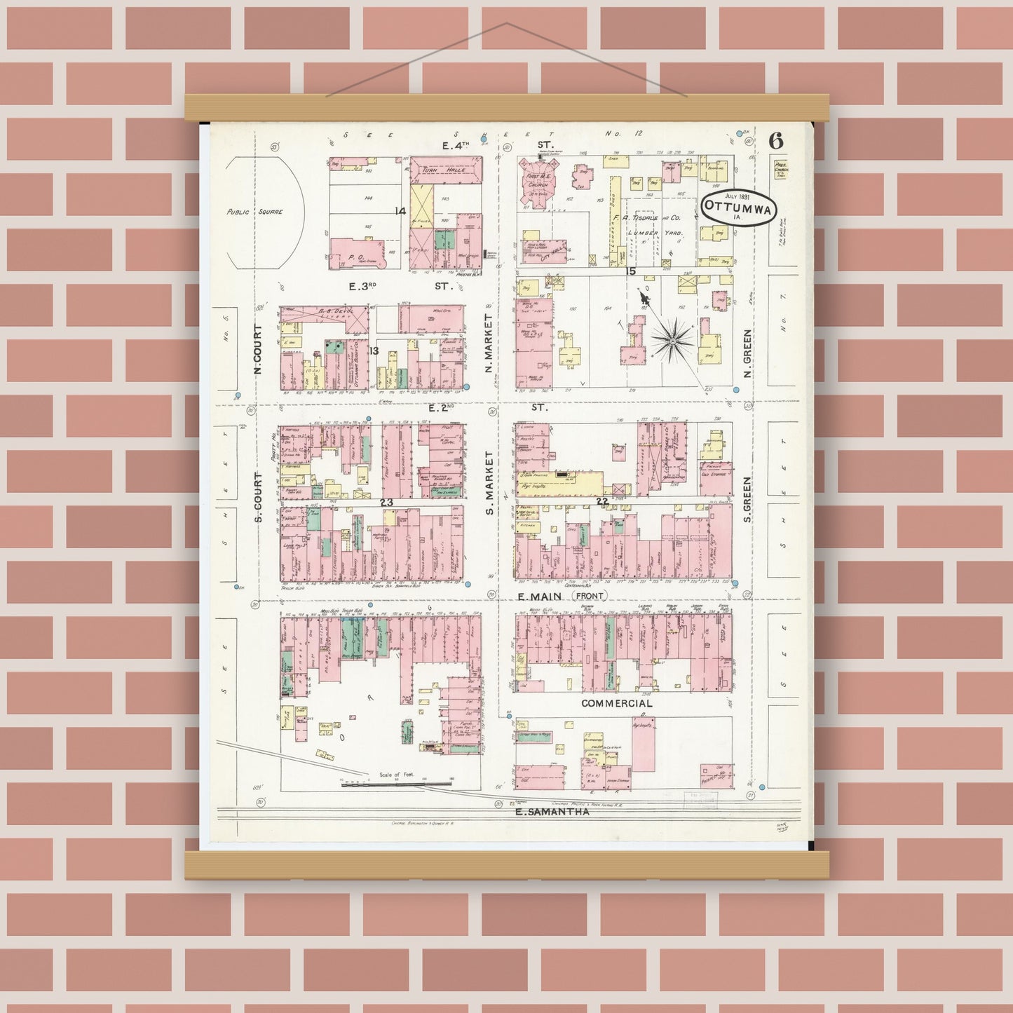 Old map wall art mockup — magnetic wood frame on brick wall — Sanborn Fire Insurance Map from Ottumwa, Wapello County, Iowa (1891), Sheet #0006