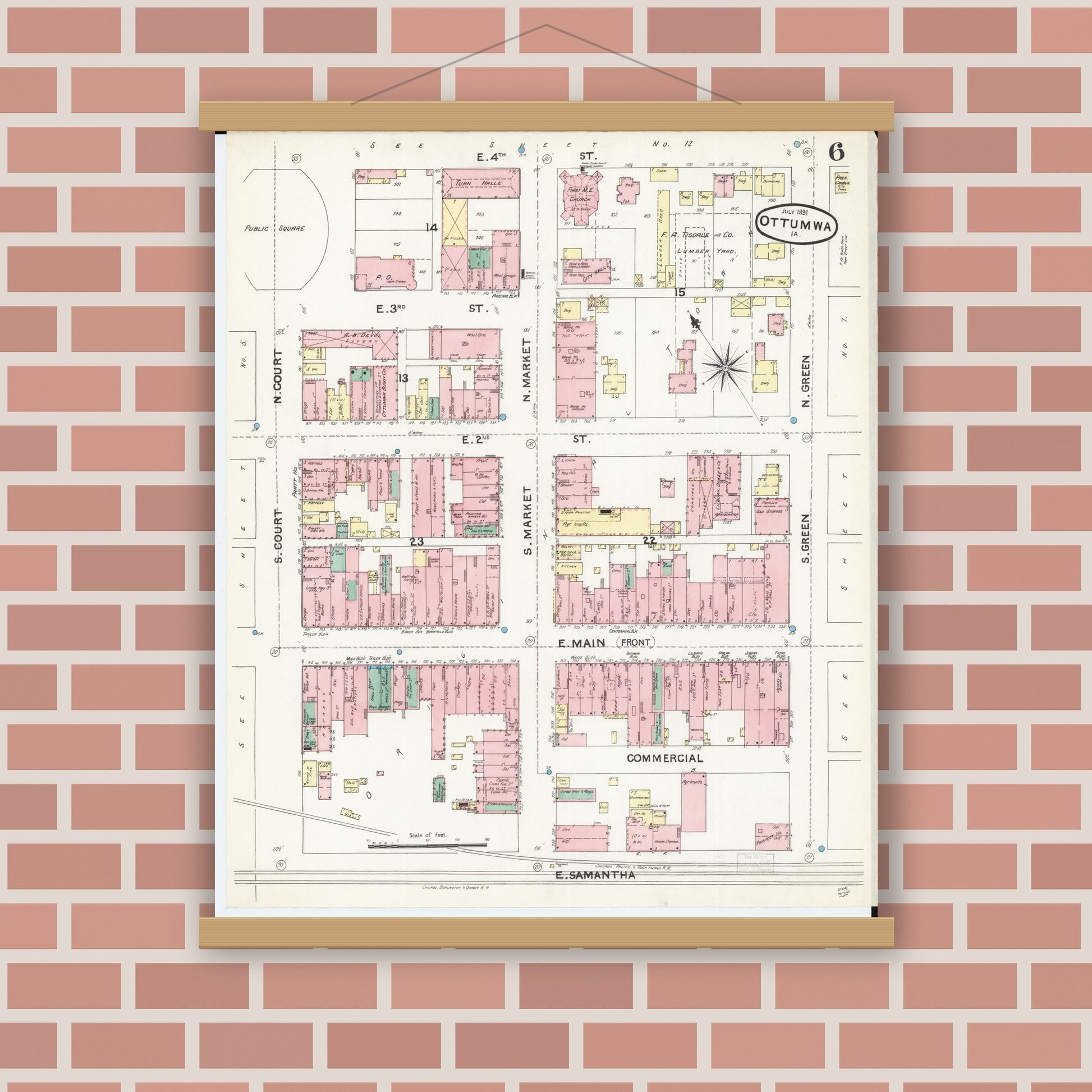 Old map wall art mockup — magnetic wood frame on brick wall — Sanborn Fire Insurance Map from Ottumwa, Wapello County, Iowa (1891), Sheet #0006
