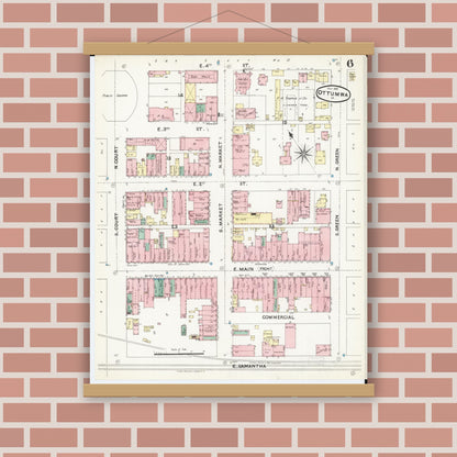 Old map wall art mockup — magnetic wood frame on brick wall — Sanborn Fire Insurance Map from Ottumwa, Wapello County, Iowa (1891), Sheet #0006