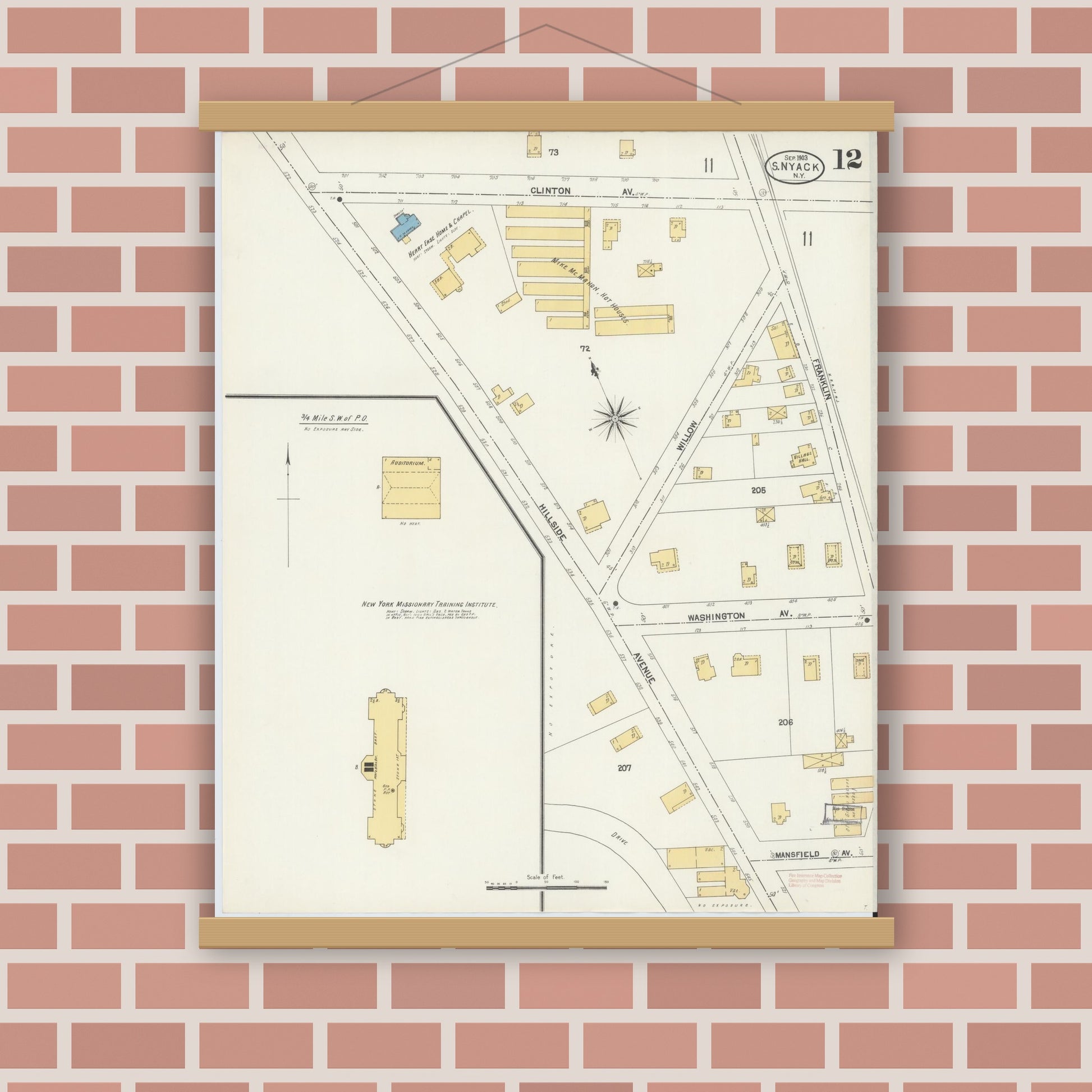 Old map wall art mockup — magnetic wood frame on brick wall — Sanborn Fire Insurance Map from Nyack, Rockland County, New York. (1903), Sheet #0012