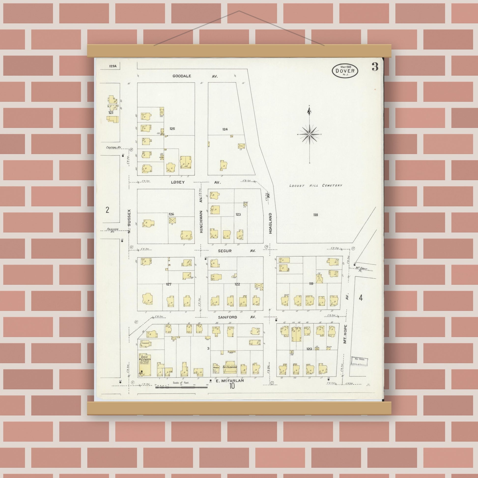 Old map wall art mockup — magnetic wood frame on brick wall — Sanborn Fire Insurance Map from Dover, Morris County, New Jersey (1909), Sheet #0003