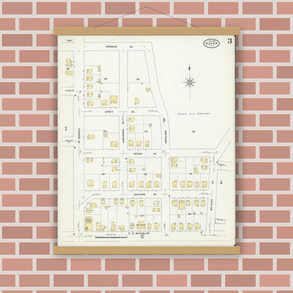 Old map wall art mockup — magnetic wood frame on brick wall — Sanborn Fire Insurance Map from Dover, Morris County, New Jersey (1909), Sheet #0003