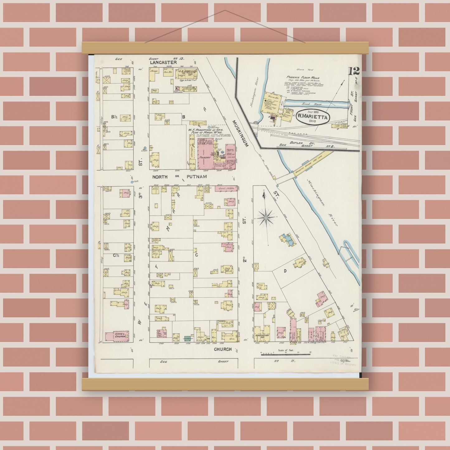 Old map wall art mockup — magnetic wood frame on brick wall — Sanborn Fire Insurance Map from Marietta, Washington County, Ohio (1890), Sheet #0012