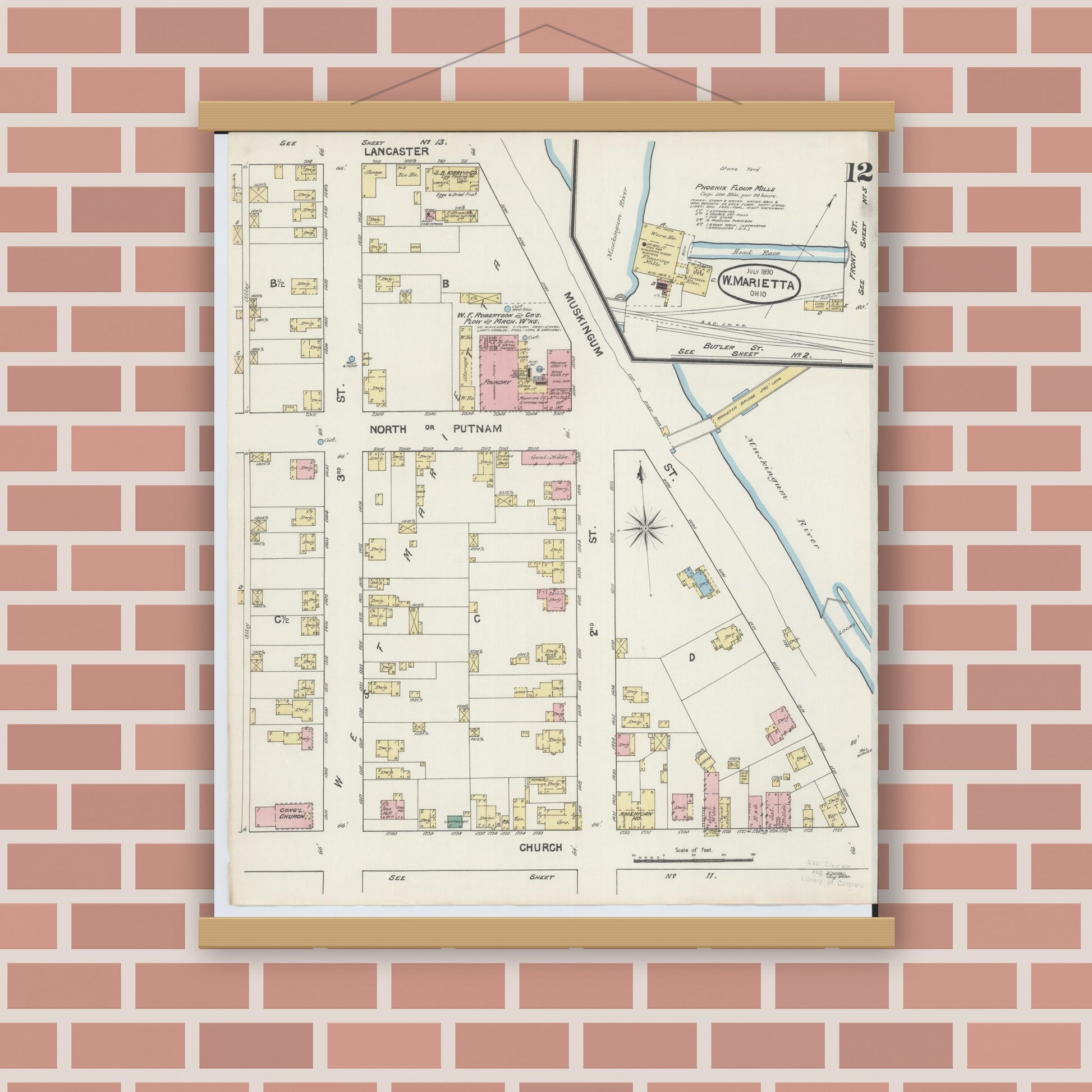 Old map wall art mockup — magnetic wood frame on brick wall — Sanborn Fire Insurance Map from Marietta, Washington County, Ohio (1890), Sheet #0012