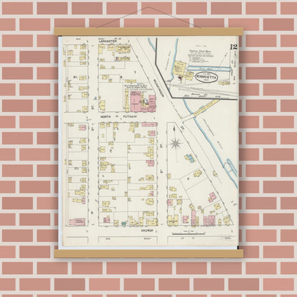 Old map wall art mockup — magnetic wood frame on brick wall — Sanborn Fire Insurance Map from Marietta, Washington County, Ohio (1890), Sheet #0012