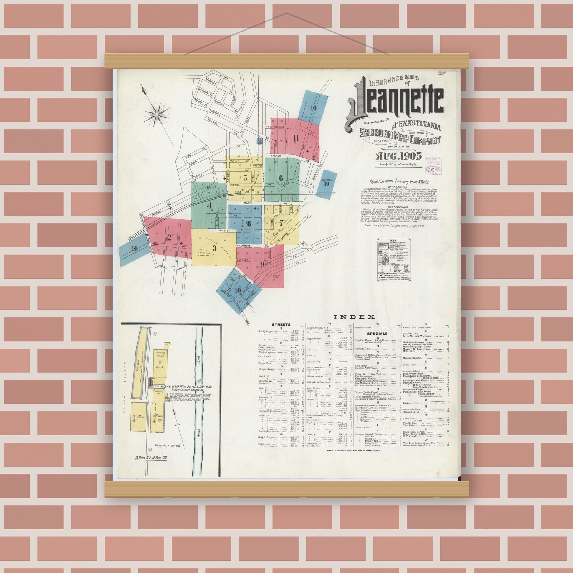 Old map wall art mockup — magnetic wood frame on brick wall — Sanborn Fire Insurance Map from Jeannette, Westmoreland County, Pennsylvania (1905) - Complete Map Set