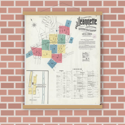 Old map wall art mockup — magnetic wood frame on brick wall — Sanborn Fire Insurance Map from Jeannette, Westmoreland County, Pennsylvania (1905) - Complete Map Set