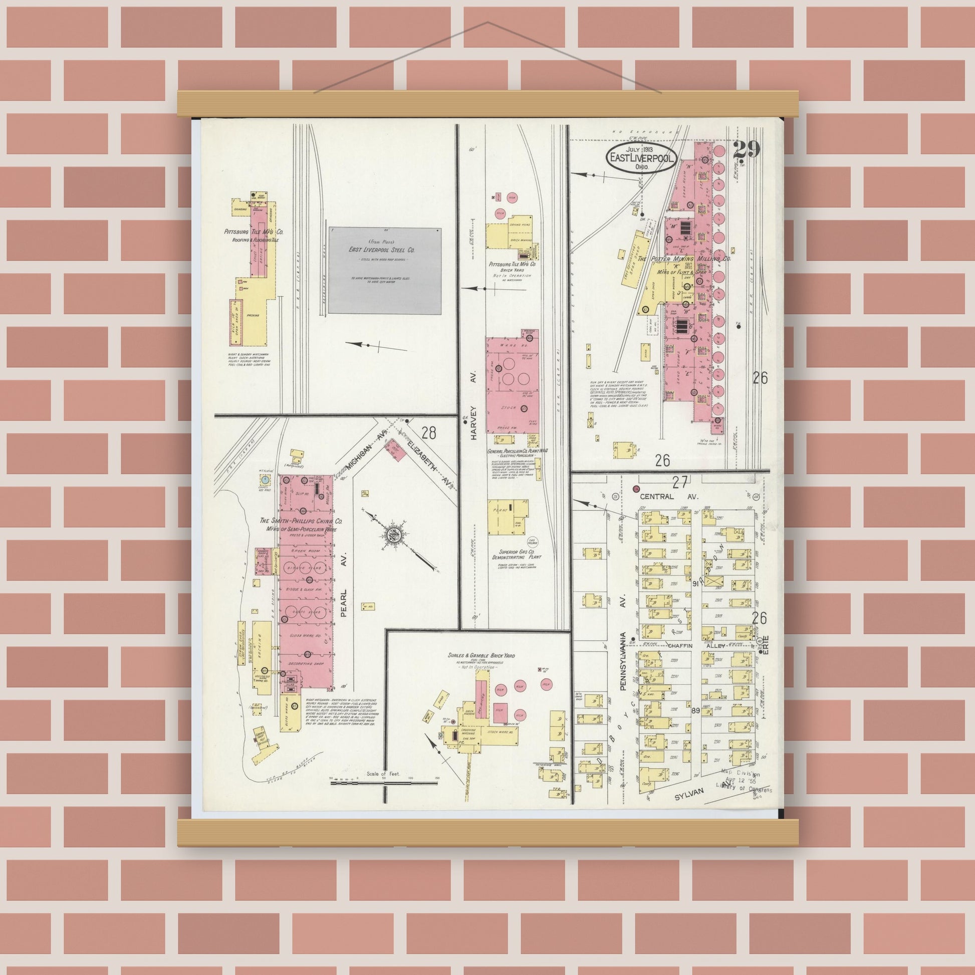Old map wall art mockup — magnetic wood frame on brick wall — Sanborn Fire Insurance Map from East Liverpool, Columbiana County, Ohio (1913), Sheet #0029