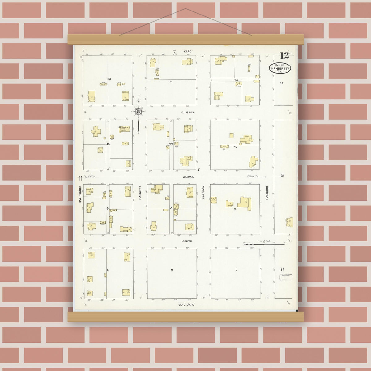 Old map wall art mockup — magnetic wood frame on brick wall — Sanborn Fire Insurance Map from Henrietta, Clay County, Texas (1912), Sheet #0012