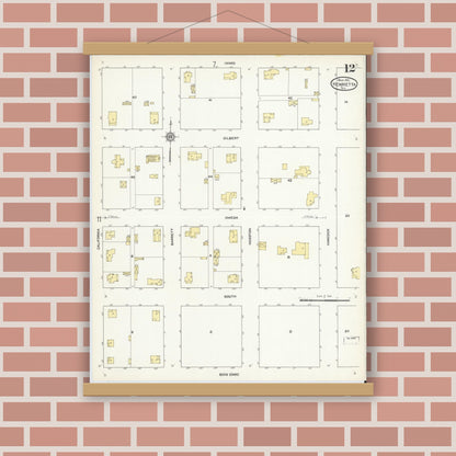 Old map wall art mockup — magnetic wood frame on brick wall — Sanborn Fire Insurance Map from Henrietta, Clay County, Texas (1912), Sheet #0012