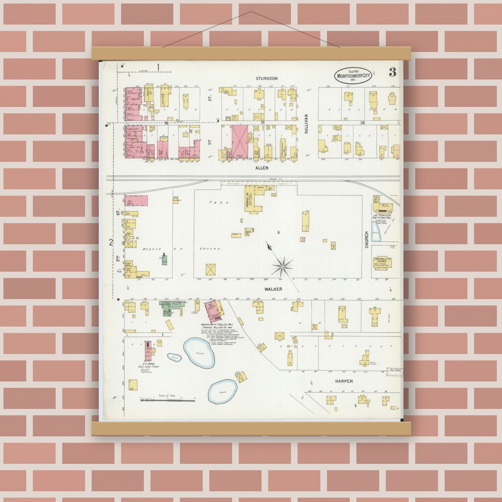 Old map wall art mockup — magnetic wood frame on brick wall — Sanborn Fire Insurance Map from Montgomery City, Montgomery County, Missouri (1900), Sheet #0003