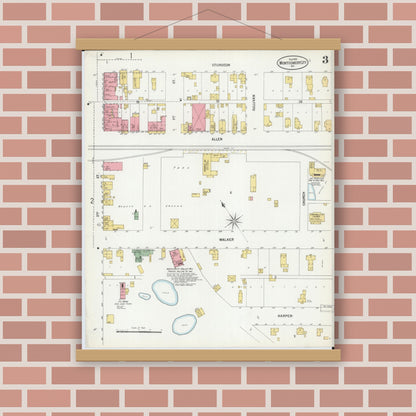 Old map wall art mockup — magnetic wood frame on brick wall — Sanborn Fire Insurance Map from Montgomery City, Montgomery County, Missouri (1900), Sheet #0003