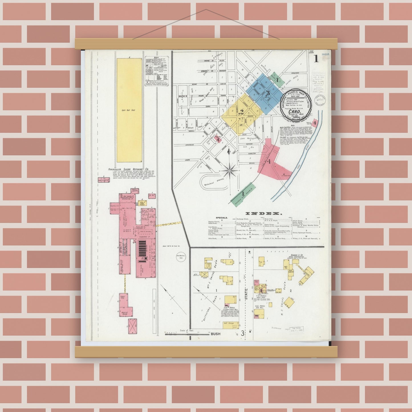 Old map wall art mockup — magnetic wood frame on brick wall — Sanborn Fire Insurance Map from Caro, Tuscola County, Michigan (1900) - Complete Map Set