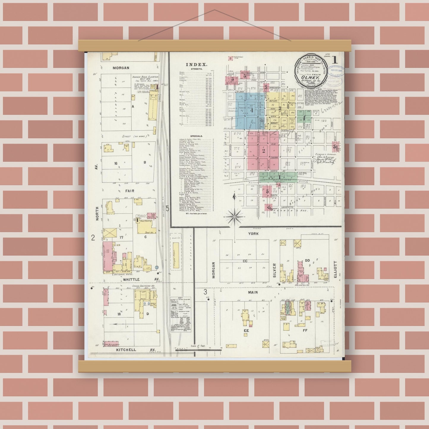 Old map wall art mockup — magnetic wood frame on brick wall — Sanborn Fire Insurance Map from Olney, Richland County, Illinois (1897) - Complete Map Set