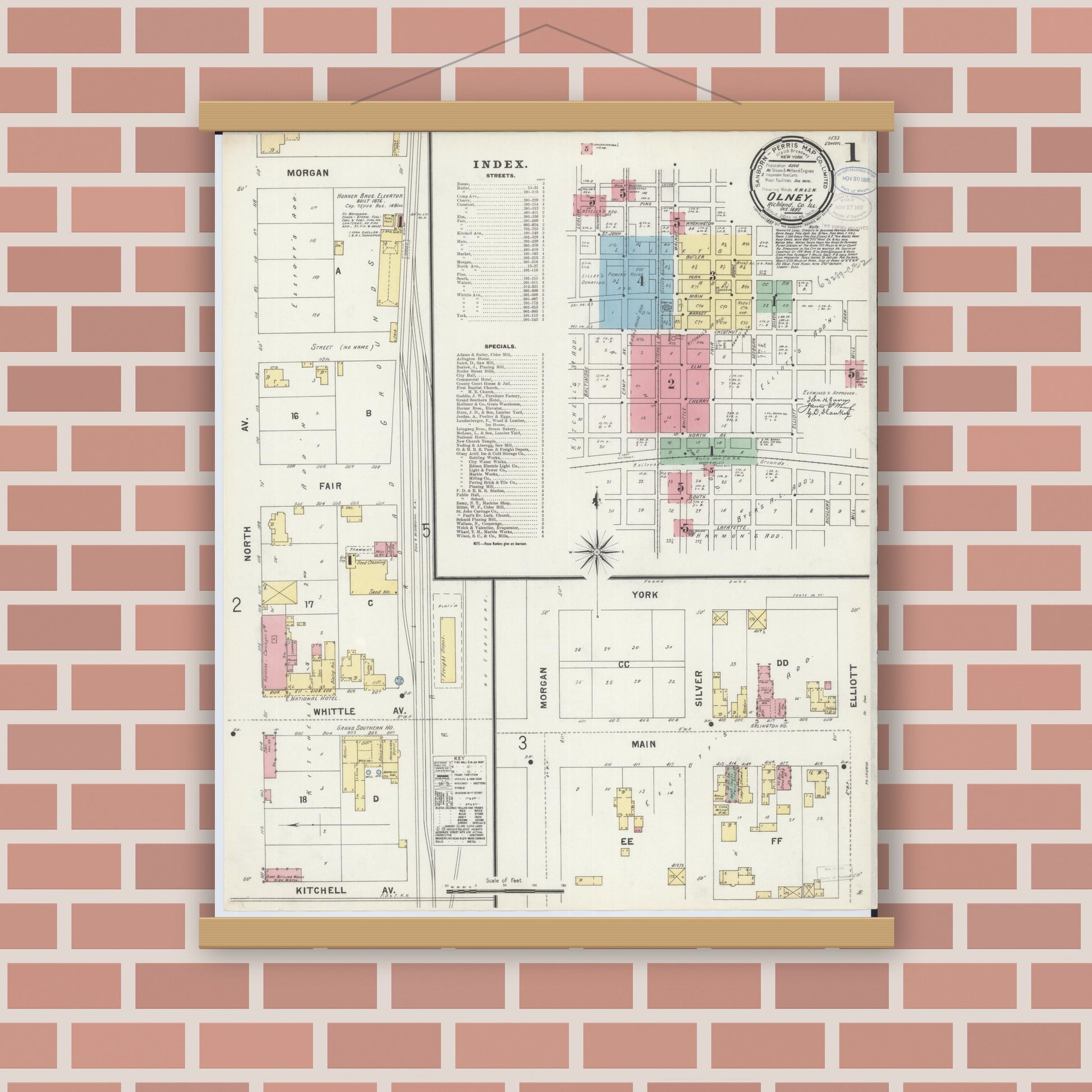 Old map wall art mockup — magnetic wood frame on brick wall — Sanborn Fire Insurance Map from Olney, Richland County, Illinois (1897) - Complete Map Set