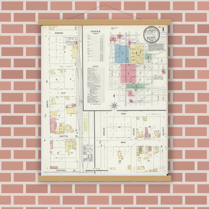 Old map wall art mockup — magnetic wood frame on brick wall — Sanborn Fire Insurance Map from Olney, Richland County, Illinois (1897) - Complete Map Set