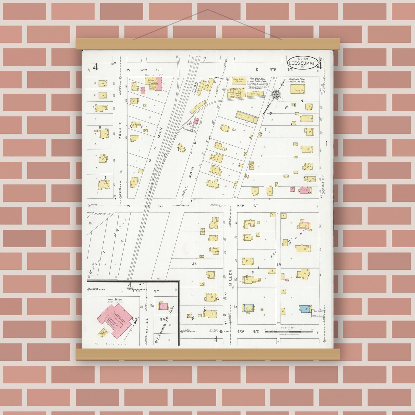 Old map wall art mockup — magnetic wood frame on brick wall — Sanborn Fire Insurance Map from Lee's Summit, Jackson County, Missouri (1927), Sheet #0004