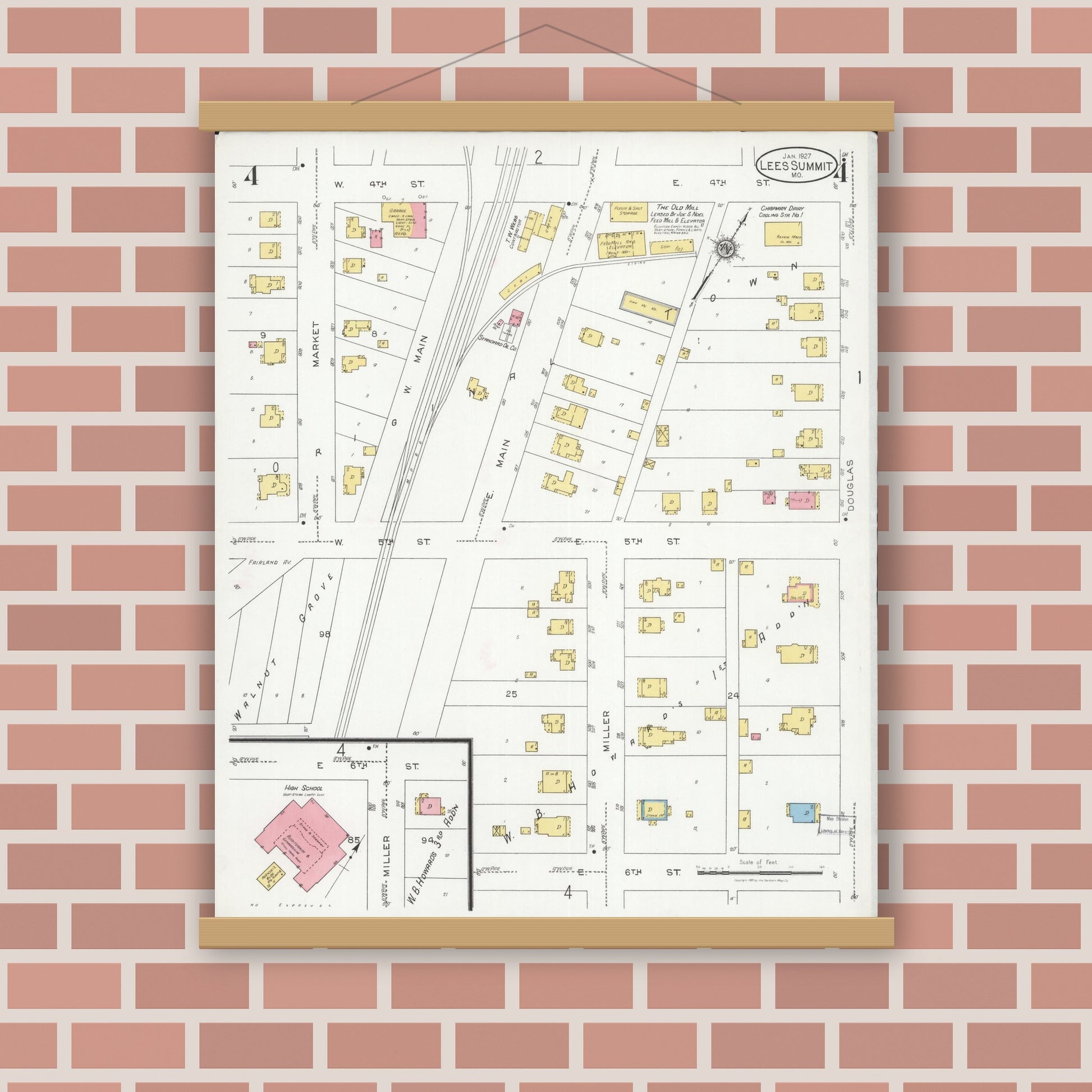 Old map wall art mockup — magnetic wood frame on brick wall — Sanborn Fire Insurance Map from Lee's Summit, Jackson County, Missouri (1927), Sheet #0004