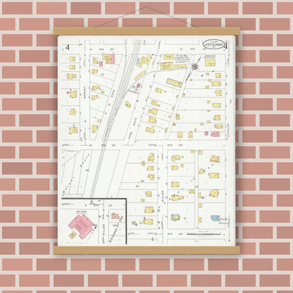 Old map wall art mockup — magnetic wood frame on brick wall — Sanborn Fire Insurance Map from Lee's Summit, Jackson County, Missouri (1927), Sheet #0004