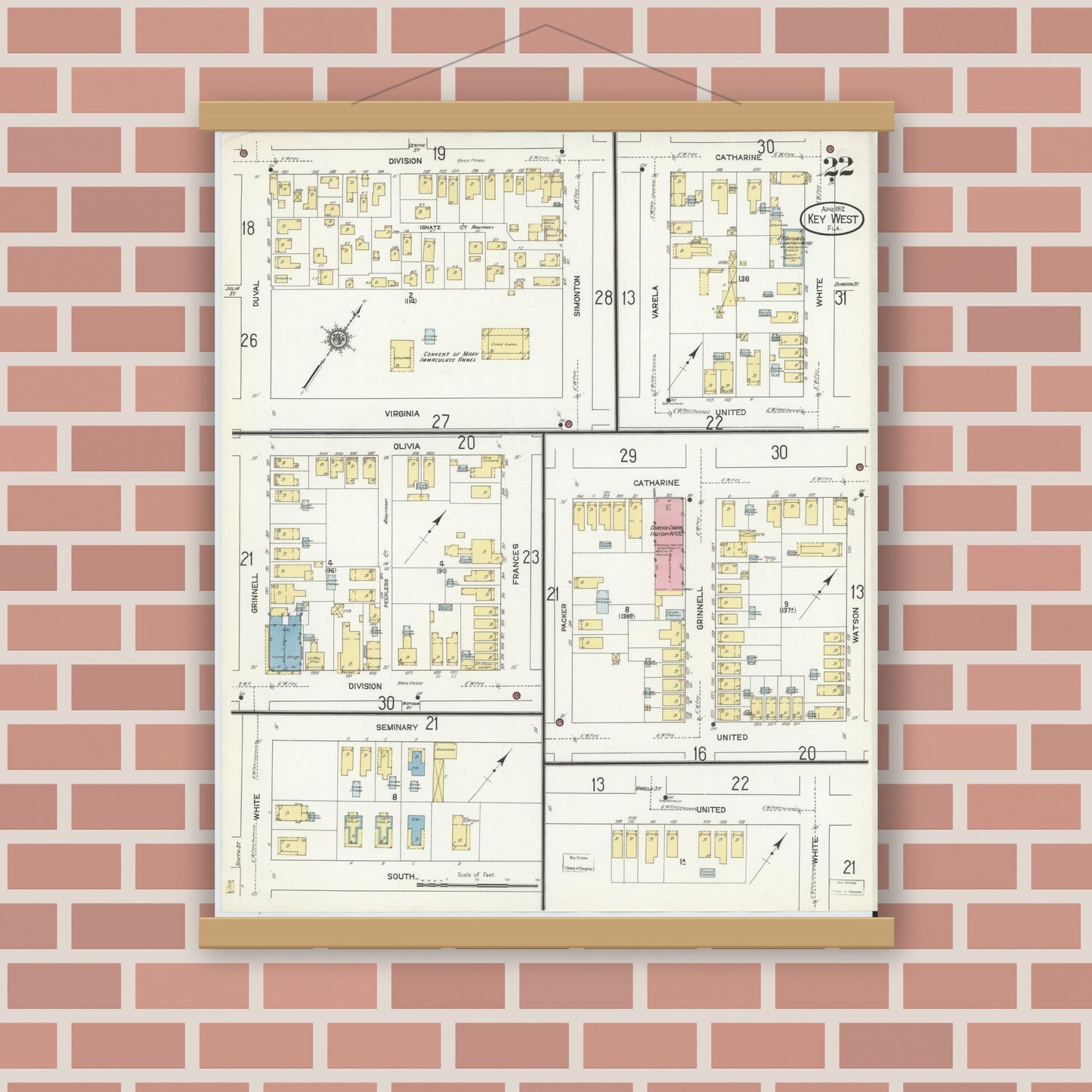 Old map wall art mockup — magnetic wood frame on brick wall — Sanborn Fire Insurance Map from Key West, Monroe County, Florida (1912), Sheet #0022