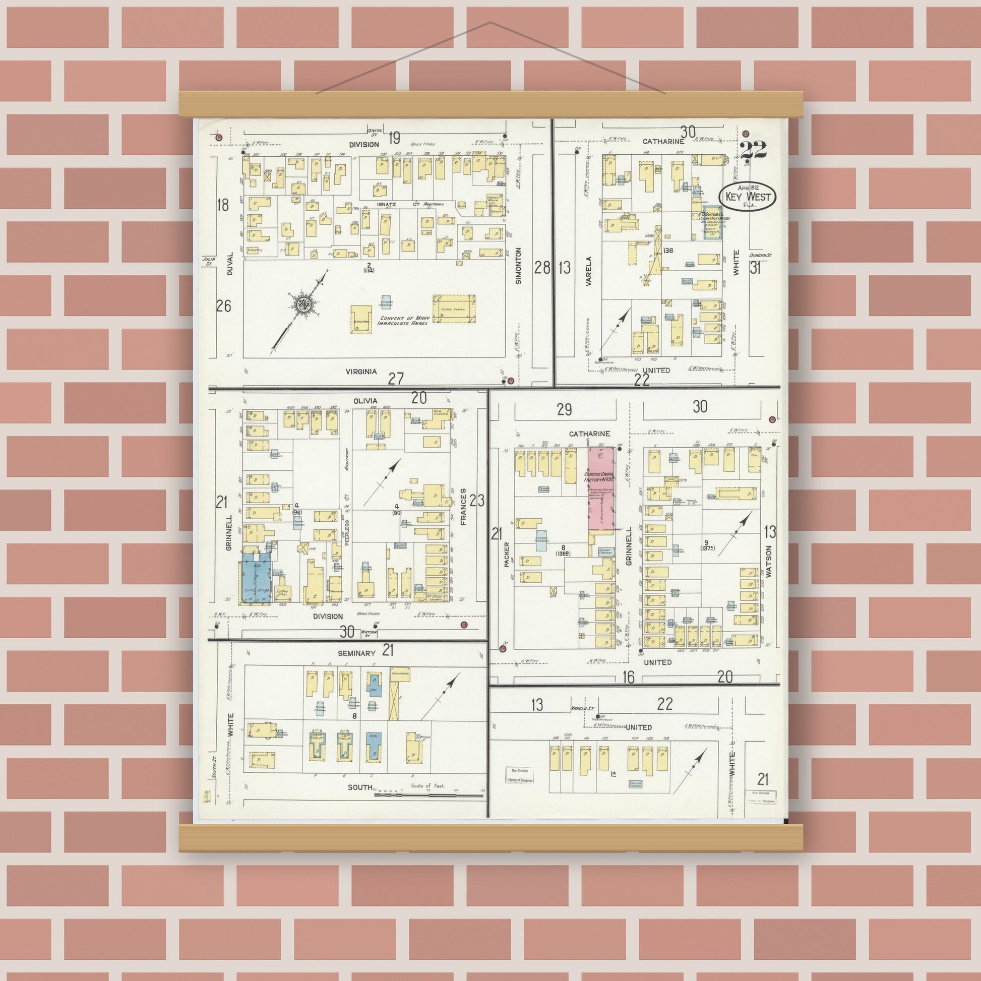 Old map wall art mockup — magnetic wood frame on brick wall — Sanborn Fire Insurance Map from Key West, Monroe County, Florida (1912), Sheet #0022