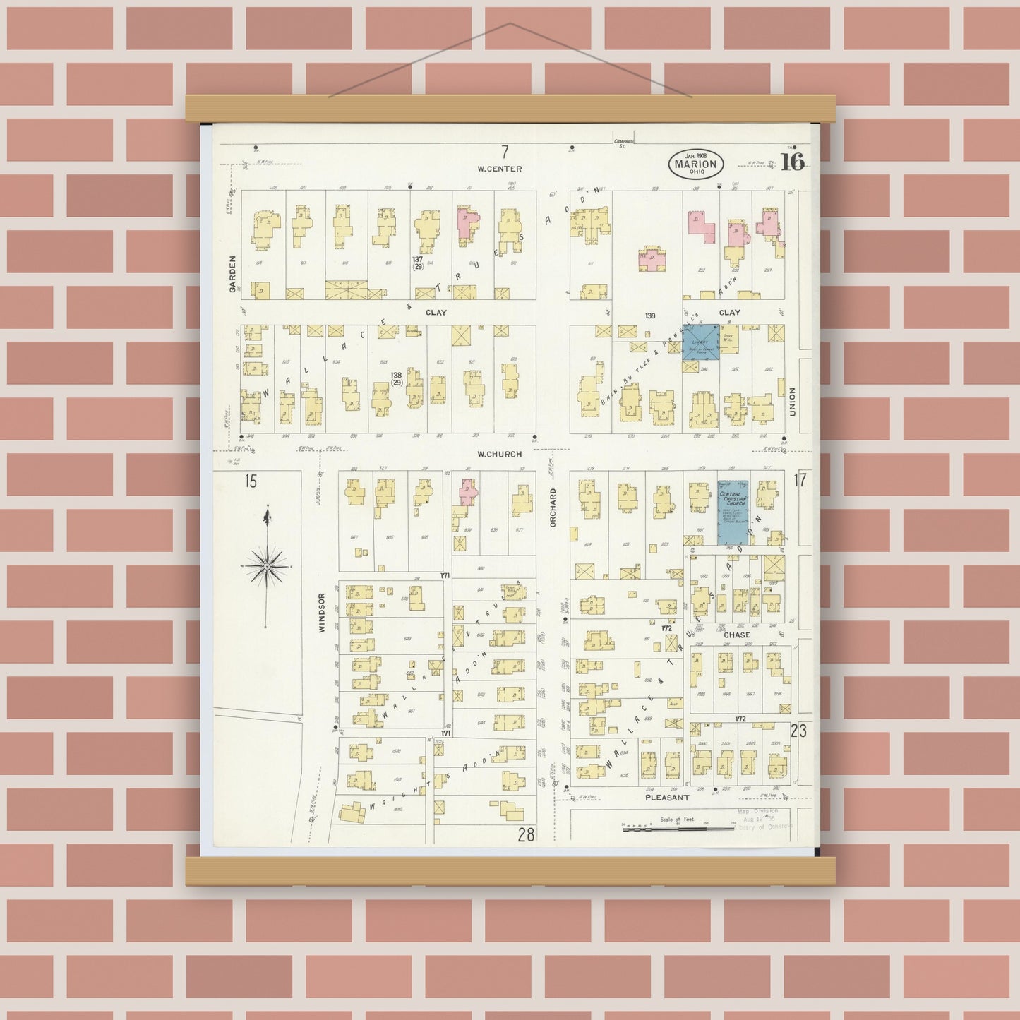 Old map wall art mockup — magnetic wood frame on brick wall — Sanborn Fire Insurance Map from Marion, Marion County, Ohio (1908), Sheet #0016