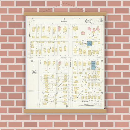 Old map wall art mockup — magnetic wood frame on brick wall — Sanborn Fire Insurance Map from Marion, Marion County, Ohio (1908), Sheet #0016