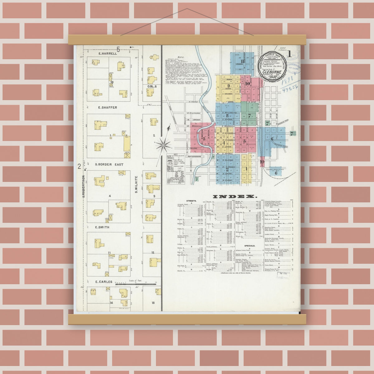 Old map wall art mockup — magnetic wood frame on brick wall — Sanborn Fire Insurance Map from Cleburne, Johnson County, Texas (1898) - Complete Map Set