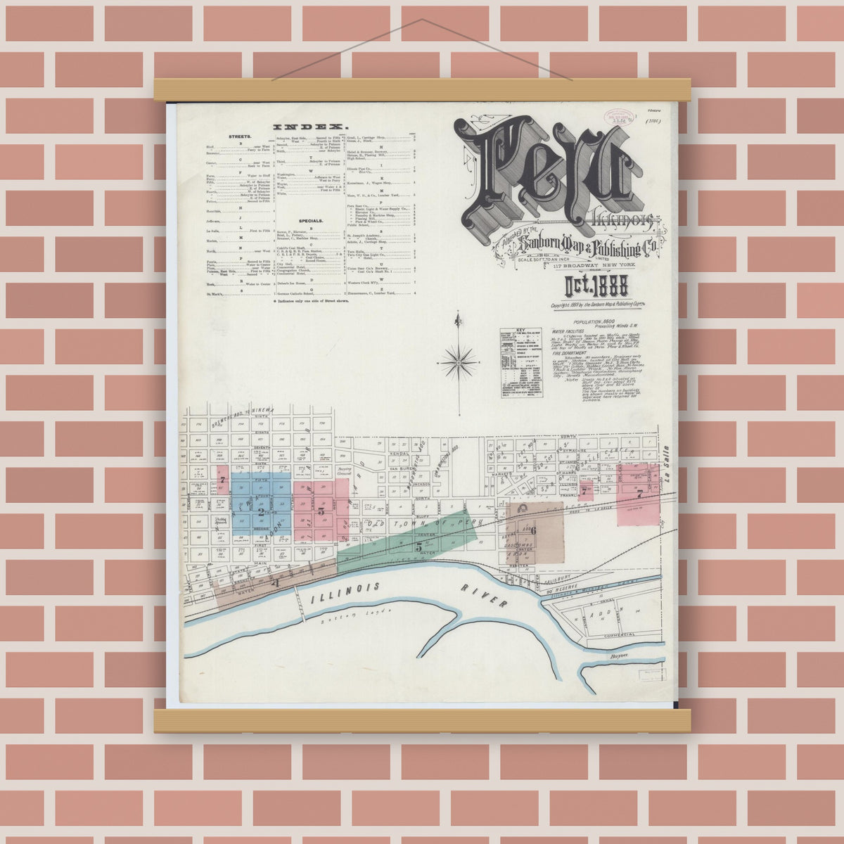 Old map wall art mockup — magnetic wood frame on brick wall — Sanborn Fire Insurance Map from Peru, La Salle County, Illinois (1888) - Complete Map Set