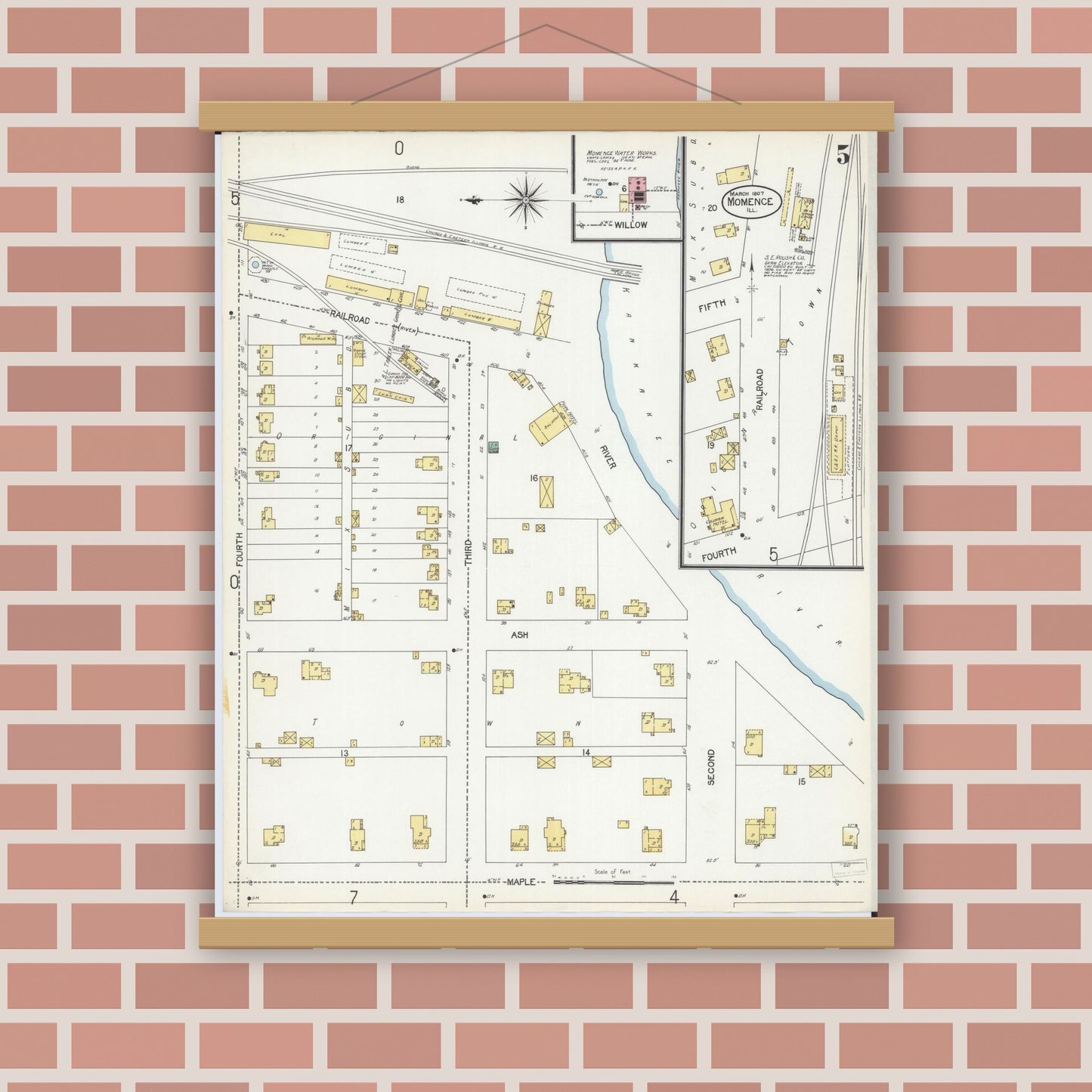 Old map wall art mockup — magnetic wood frame on brick wall — Sanborn Fire Insurance Map from Momence, Kankakee County, Illinois (1907), Sheet #0005
