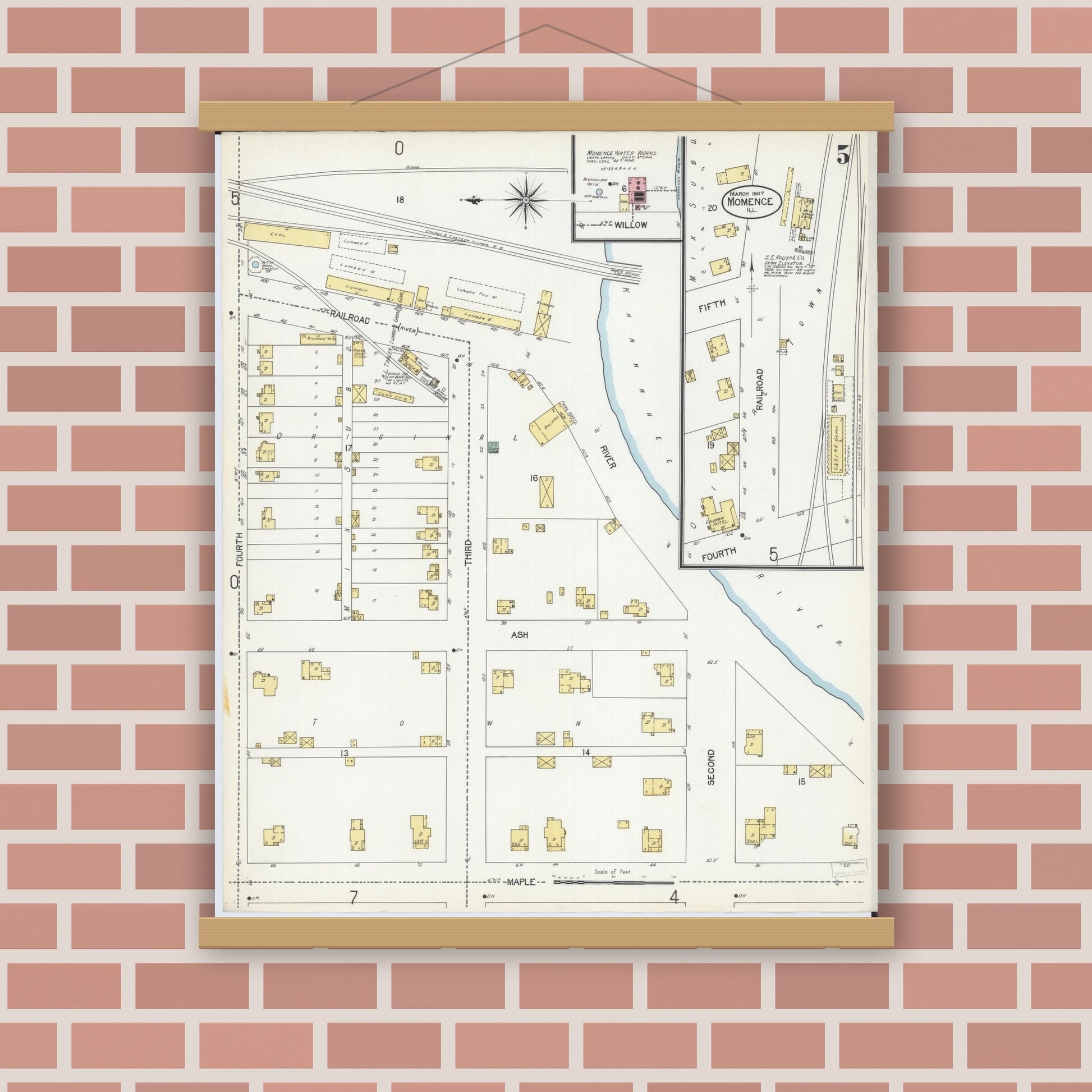 Old map wall art mockup — magnetic wood frame on brick wall — Sanborn Fire Insurance Map from Momence, Kankakee County, Illinois (1907), Sheet #0005