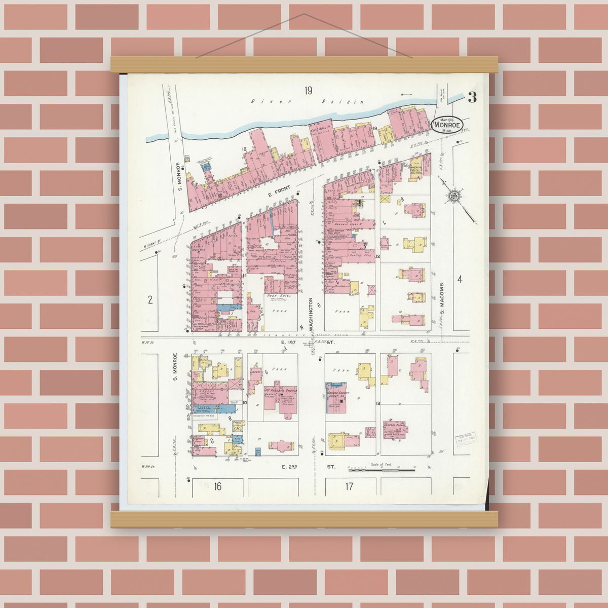 Old map wall art mockup — magnetic wood frame on brick wall — Sanborn Fire Insurance Map from Monroe, Monroe County, Michigan (1916), Sheet #0003