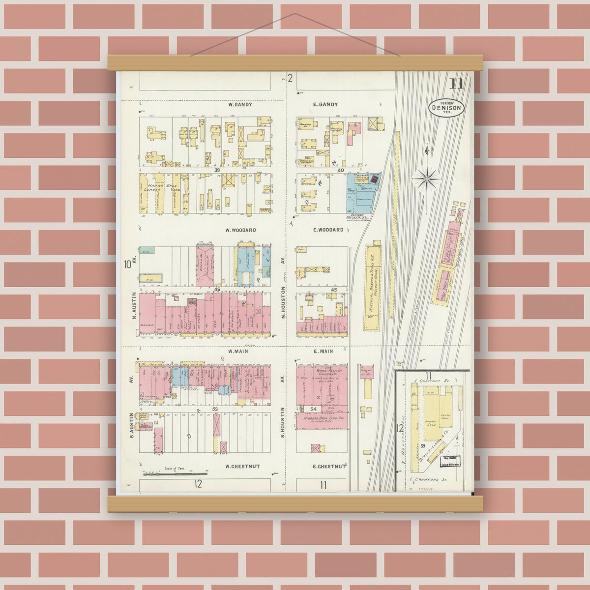 Old map wall art mockup — magnetic wood frame on brick wall — Sanborn Fire Insurance Map from Denison, Grayson County, Texas (1897), Sheet #0011