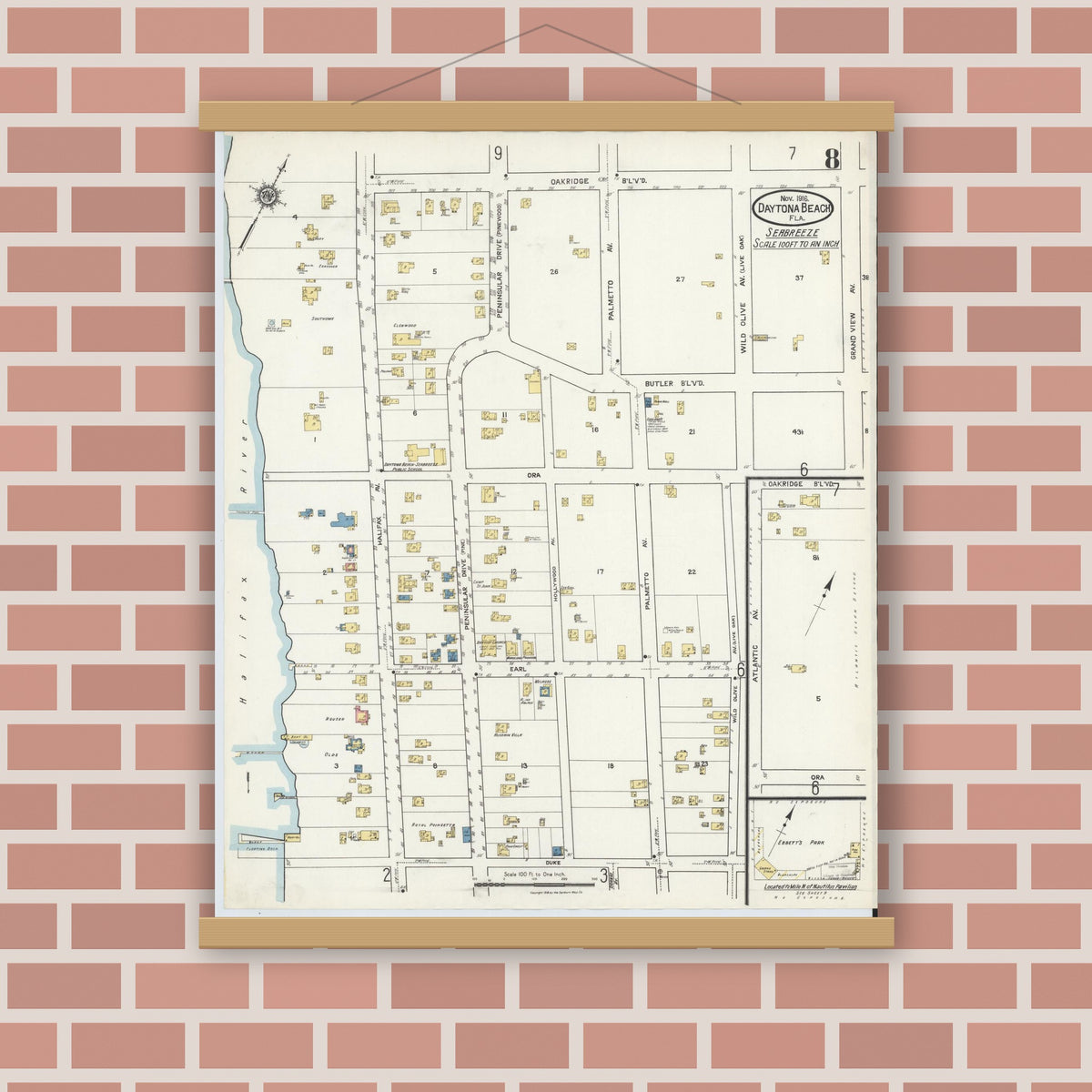 Old map wall art mockup — magnetic wood frame on brick wall — Sanborn Fire Insurance Map from Daytona Beach, Volusia County, Florida (1916), Sheet #0008