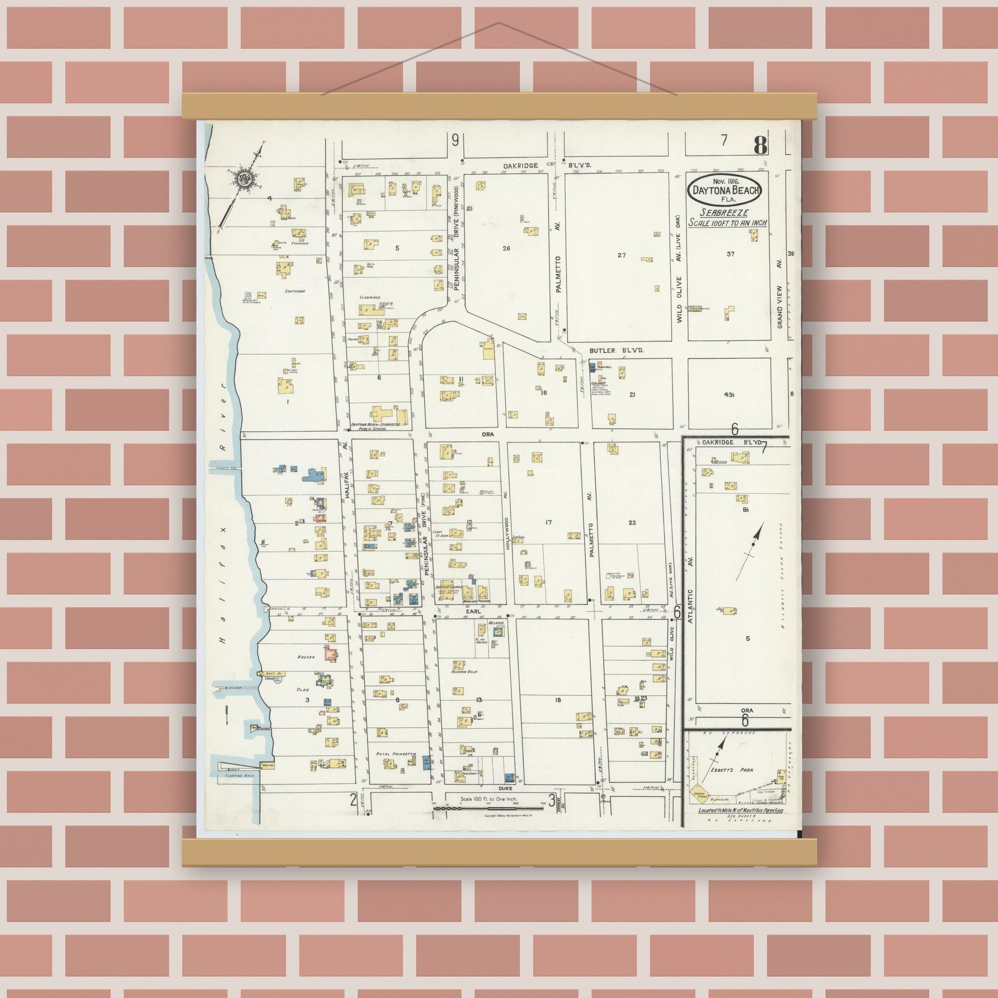 Old map wall art mockup — magnetic wood frame on brick wall — Sanborn Fire Insurance Map from Daytona Beach, Volusia County, Florida (1916), Sheet #0008