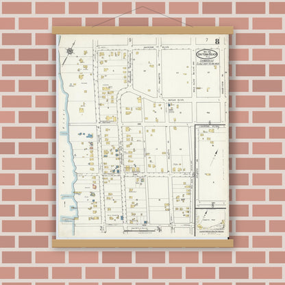 Old map wall art mockup — magnetic wood frame on brick wall — Sanborn Fire Insurance Map from Daytona Beach, Volusia County, Florida (1916), Sheet #0008