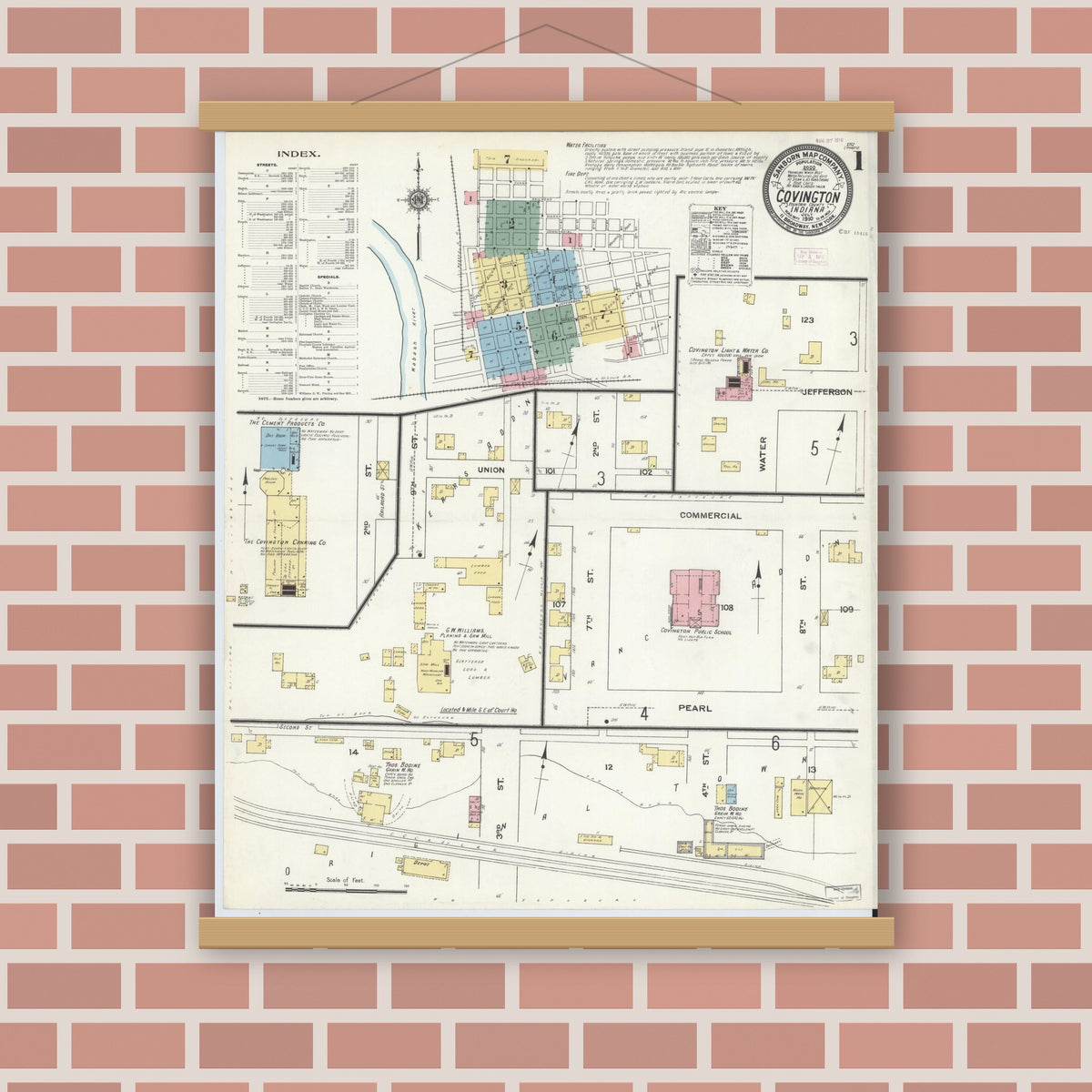 Old map wall art mockup — magnetic wood frame on brick wall — Sanborn Fire Insurance Map from Covington, Fountain County, Indiana (1910) - Complete Map Set